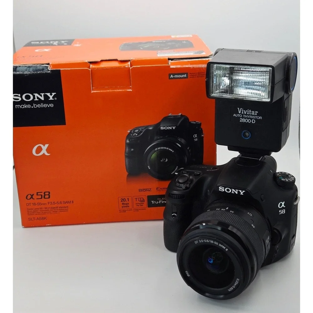Sony Alpha A58 DSLR Digital Camera 20.1MP- 18-55mm Lens Vivitar Flash WORKS-READ